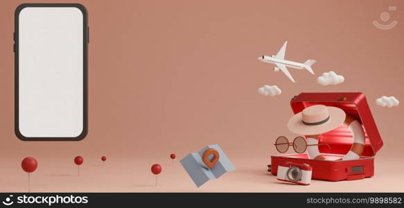 White screen mobile mockup with airplane, camera, suitcase, inflatable swimming rubber rings, map and sunglasses over pink background travel concept. 3d rendering