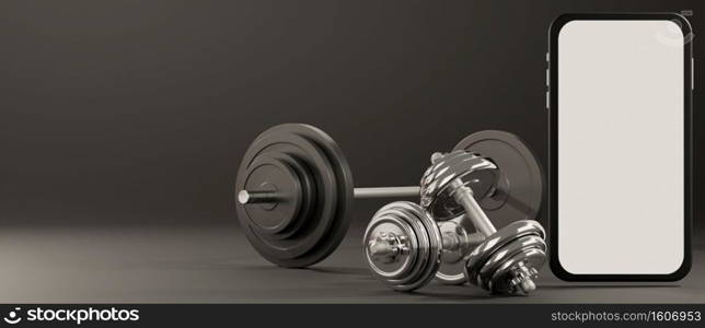 White screen mobile mockup with  sport fitness equipment, dumbbells and barbell on black background. 3D rendering.