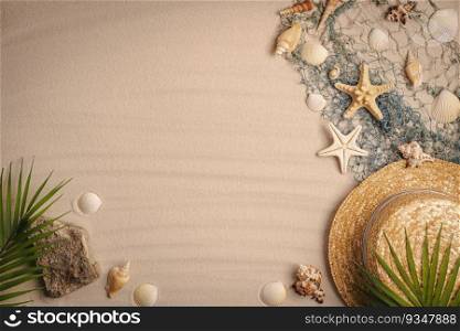 White sea sand with starfish and seashells. Top view with copy space. Summer beach. Sea summer vacation background. Sea sand with starfish and seashells