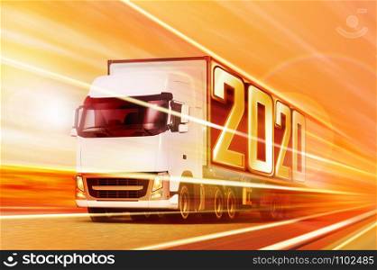 White semi truck like incoming year 2020 moving on road