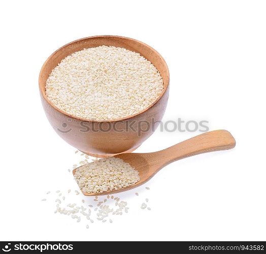 white sesame in wooden bowl on white background