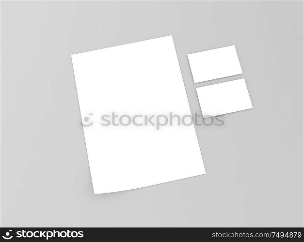 White sheet of paper and a business card on a gray background. 3d render illustration.. White sheet of paper and a business card on a gray background.