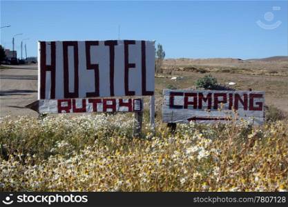 White signs of hostel and camping on the ruta 40 in Patagonia, Argentina