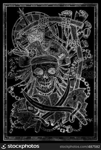 White silhouette of Jolly Roger skull, pirate skeleton and gallows noose on black. Graphic illustration with adventure concept in vintage style, old transportation background
