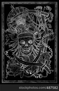 White silhouette of Jolly Roger skull, pirate skeleton and gallows noose on black. Graphic illustration with adventure concept in vintage style, old transportation background