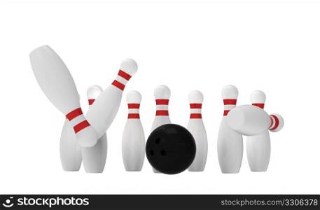 White skittles and black ball isolated on white, bowling, 3d render