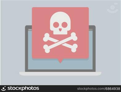 white skull with crossbones on the laptop screen. cybercrime Concept of virus, piracy, hacking and security, eps10 vector