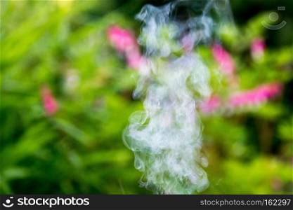 White smoke over defocused green foliage and flowers background.