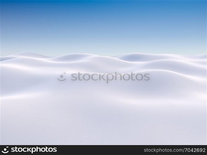 White Snow Hills Landscape Winter Background. 3D illustration. Christmas Snowy Backdrop.. White Snow Hills Landscape