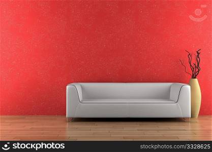 white sofa and vase with dry wood in front of red wall