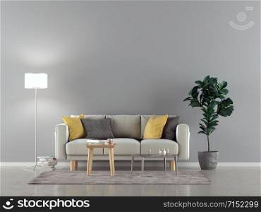 White sofa in a empty room with lamp and a wall in background