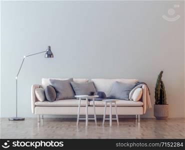 White sofa in a empty room with lamp and white wall in background