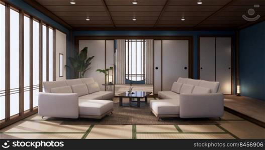 White Sofa japanese on blue room japan tropical desing and tatami mat floor.3D rendering