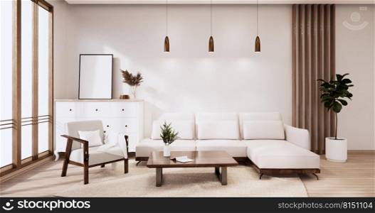 White Sofa japanese on room japan tropical desing and tatami mat floor.3D rendering