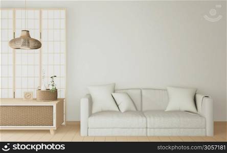 white Sofa minimal and wooden cabinet in modern room interior Japanese. 3D rendering
