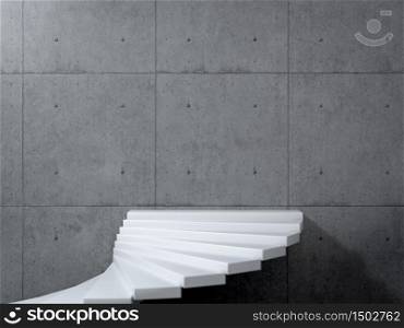 White spiral staircase leading to blank concrete wall in grungy interior. Perfect 3D renderfor placing your text or advertisement. Concept of success and achievement.. White spiral staircase leading to blank concrete wall in grungy interior. Perfect 3D illustration for placing your text or advertisement. Concept of success and achievement.
