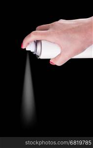 White spray can isolated on black background on woman hand, Aerosol Spray Can, Metal Bottle Paint Can Realistic photo image