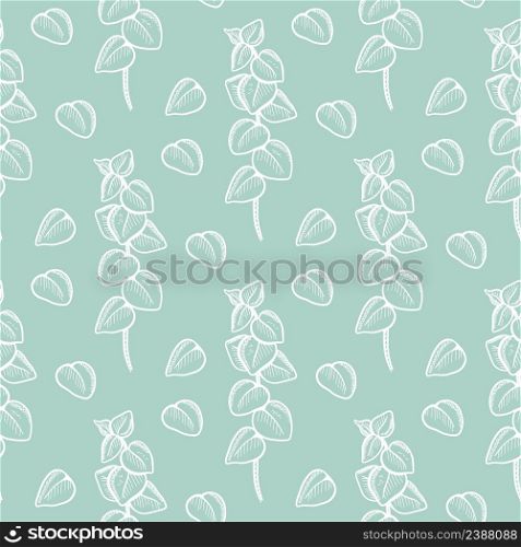 White sprigs of eucalyptus on green background seamless pattern. Delicate botanical background with greenery. Leaf fashion model. Template for fabric, wallpaper, design vector illustration. White sprigs of eucalyptus on green background seamless pattern