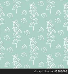 White sprigs of eucalyptus on green background seamless pattern. Delicate botanical background with greenery. Leaf fashion model. Template for fabric, wallpaper, design vector illustration. White sprigs of eucalyptus on green background seamless pattern