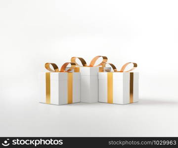 white square gift box and metallic golden bow-ribbon concept 3d rendering white background isolated