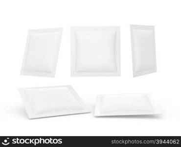 white square heat sealed packet with clipping path. Packaging or wrapper for sweet, snack, milk bar, coffee, salt, sugar, medicine drug, cooling gel patch, condom, seed,shampoo, lotion, or paper wipe, ready for your design or artwork&#xA;