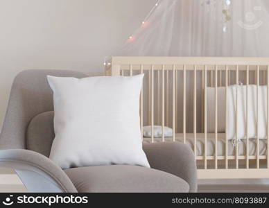 White square pillow in kids, baby room. Blank cushion case template for your graphic design presentation. Pillow cover mock up for print, pattern, personalized illustration. Close-up. 3D rendering. White square pillow in kids, baby room. Blank cushion case template for your graphic design presentation. Pillow cover mock up for print, pattern, personalized illustration. Close-up. 3D rendering.