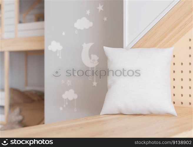 White square pillow in kids room. Blank cushion case template for your graphic design presentation. Pillow cover mock up for print, pattern, personalized illustration. Close-up. 3D rendering. White square pillow in kids room. Blank cushion case template for your graphic design presentation. Pillow cover mock up for print, pattern, personalized illustration. Close-up. 3D rendering.