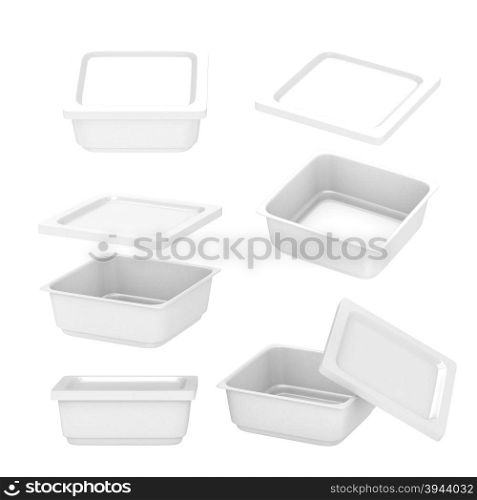 White square plastic container for food production like fresh food, convenience food or frozen food. Template for your design or artwork, clipping path included&#xA;