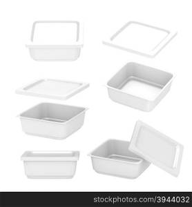 White square plastic container for food production like fresh food, convenience food or frozen food. Template for your design or artwork, clipping path included&#xA;