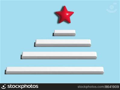 White steps and a red star on a blue background, 3D render illustration. Christmas figure