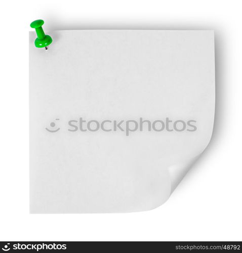 White sticker with the wrapped up corner pinned green office pin isolated on white background