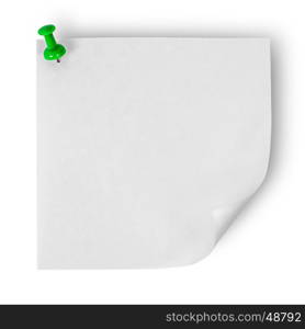 White sticker with the wrapped up corner pinned green office pin isolated on white background