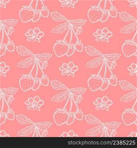 White strawberries on pink background seamless pattern. Berry background for fabric, paper and wallpaper. Template with berries flowers and leaves vector illustration.. White strawberries on pink background seamless pattern