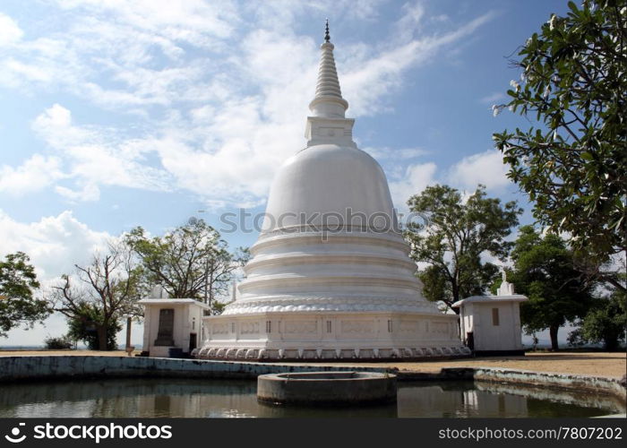 White stupa, pool and magnolia in monastery, Sri Lanka