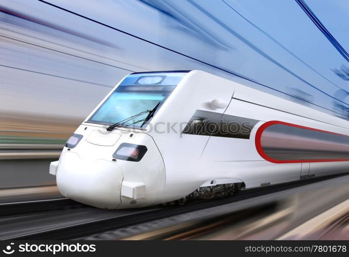 white super streamlined train with motion blur moves on railroad