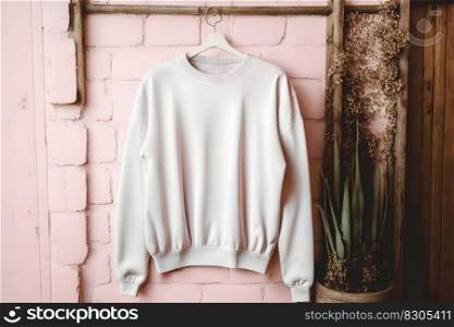 White sweater on a pink background. Mockup template for print design. Neural network AI generated art. White sweater on a pink background. Mockup template for print design. Neural network AI generated
