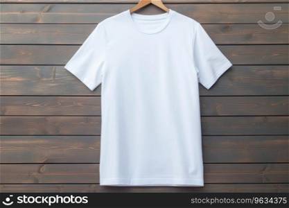 White T-shirt hanging on a hanger on a wooden background. White T-shirt on a hanger on a wooden background