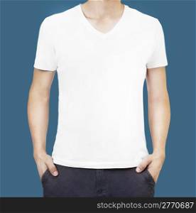 White t-shirt on a young man template isolated