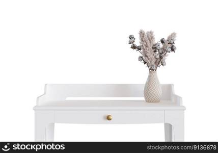 White table with p&as grass isolated on white background. Front view. Cut out furniture. Modern desk. Interior design element. Copy space for your object, product presentation. 3D rendering. White table with p&as grass isolated on white background. Front view. Cut out furniture. Modern desk. Interior design element. Copy space for your object, product presentation. 3D rendering.