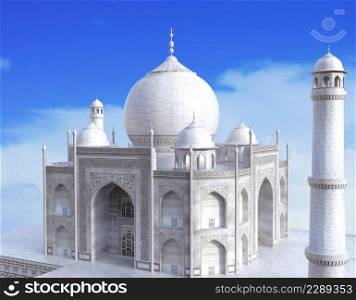 White Taj mahal building, famous landmark of India, 3D Illustration.