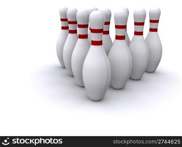 white ten bowling pins. 3d