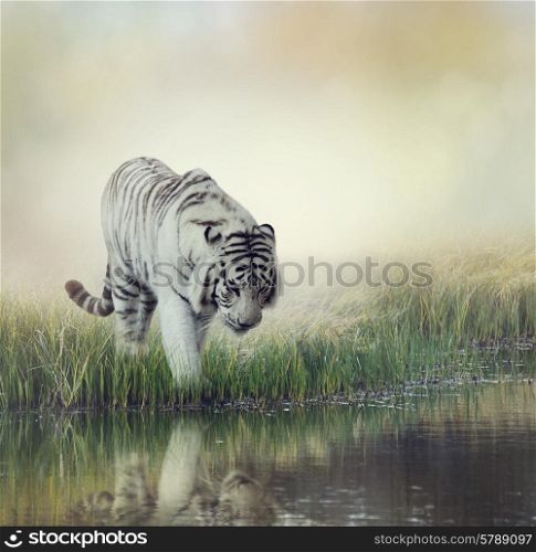 White Tiger Near A Pond