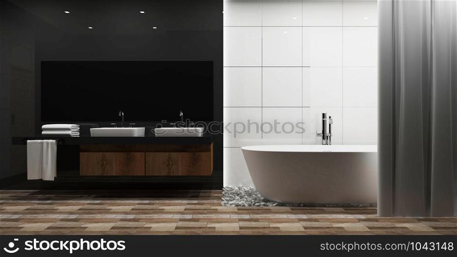 white tile and gray glossy wall bathroom interior with white tub, muck up. 3d rendering