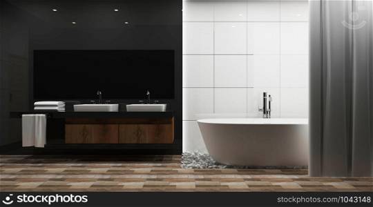 white tile and gray glossy wall bathroom interior with white tub, muck up. 3d rendering