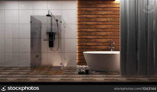 White tile and wood wall bathroom interior with a round white tub, zen style. 3d rendering