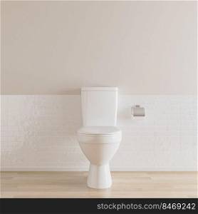 white toilet bowl in empty room with white tile, 3d illustration