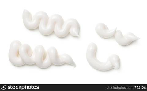 White toothpaste isolated on white background. Top view, flat lay