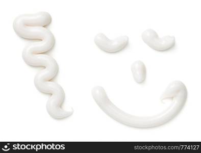 White toothpaste isolated on white background. Top view, flat lay