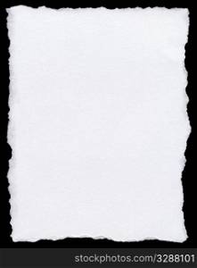 White torn paper page isolated on a black background.