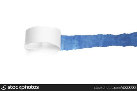 White torn paper revealing blue background.